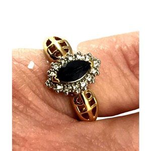 Gold Tone Silver Tone Cocktail Ring Faux Halo Set Black Glass Marquise Size 8